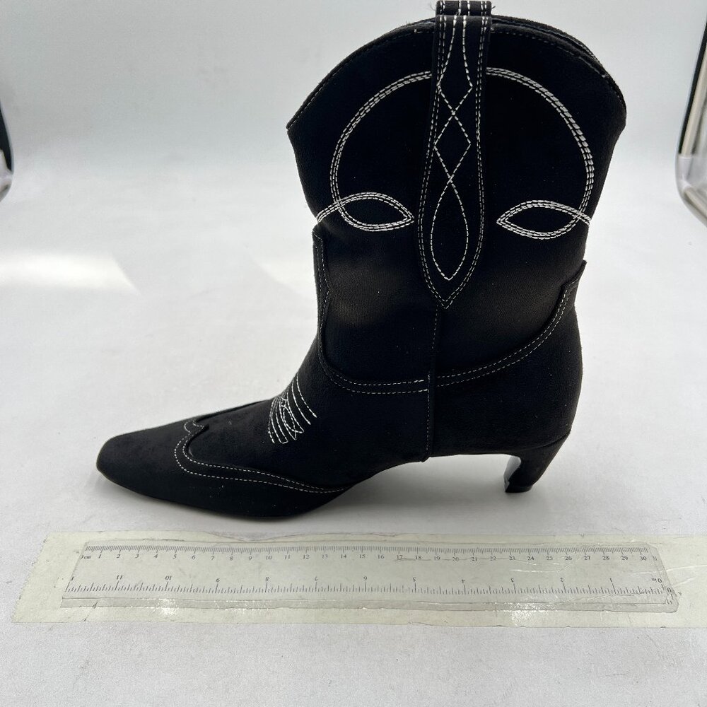Black Square Toe Comfort Kitten Low Heel Ankle Boot Pull On Bootie Winter Shoes